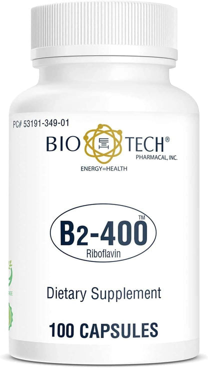 Bio-Tech Pharmacal B2-400, 100 Capsules – High-Purity Riboflavin – Supports Normal Energy Metabolism and Nervous System Function – Allergen-Free, Non-GMO – No Artificial Colours