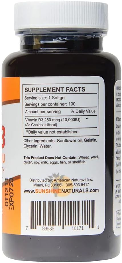 Sunshine Naturals Vitamin D3 10000 IU Food Supplement - 100 Softgels for Immune Support, Bone Health & Calcium Absorption - görsel 3
