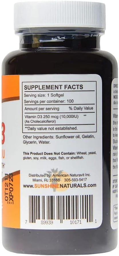 Sunshine Naturals Vitamin D3 10000 IU Food Supplement - 100 Softgels for Immune Support, Bone Health & Calcium Absorption