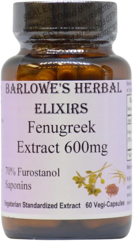 Barlowe's Herbal Elixirs Fenugreek Extract | 70% Furostanol Saponins | 600 mg per Capsule | 60 Vegi-Capsules | Non-GMO | Stearate Free | Glass Bottle