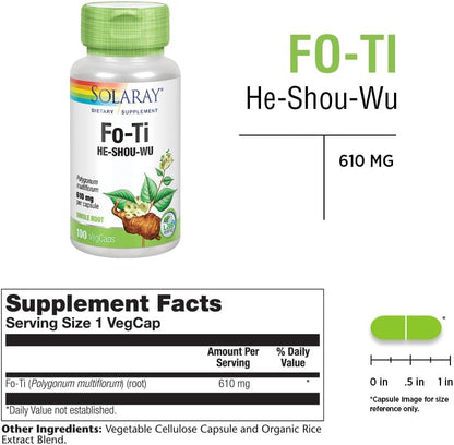 SOLARAY Fo-Ti 610 mg - Liver, Kidney & Hormone Support - Hair, Skin & Nails - Suitable for Vegans - 100 VegCaps