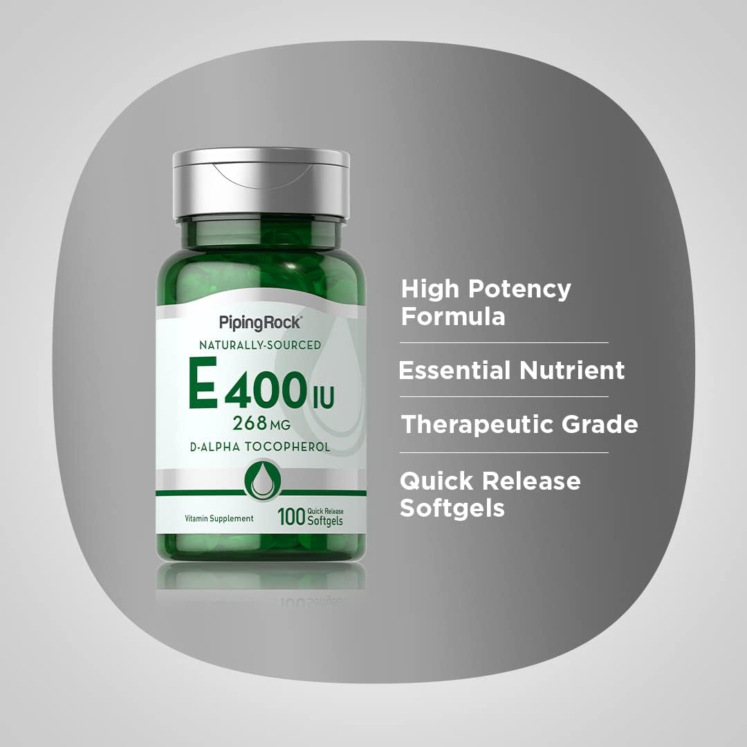 Piping Rock Vitamin E 400 IU Soft gel capsule Capsules | 268mg | 100 Pills | D-Alpha Tocopherol | Non-GMO, Gluten-free Supplement - görsel 4