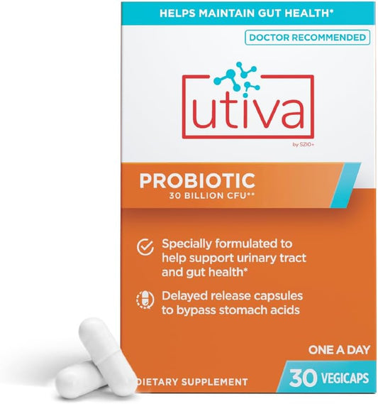Szio+ Utiva Probiotic – Digestive and Microbiome Support – 30 Delayed Release Vegetarian Capsules