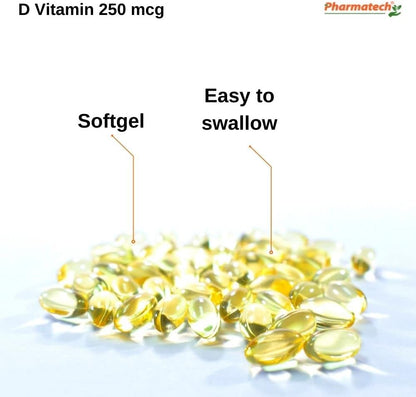 PHARMATECH Vitamin D3 10000 IU (250 mcg) High Potency Food Supplement, 250 Softgels