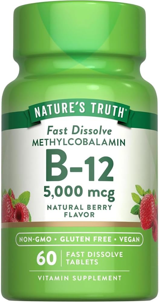 Nature's Truth Sublingual Methylcobalamin B12 5000mcg Tablets, Berry, 180 Tablets (Pack of 3) - görsel 1