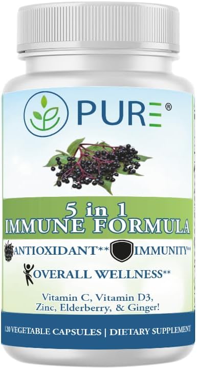 PURE® 5 in 1 Immune Formula - 120 Capsules - Black Elderberry, Vitamin C, D3, Zinc & Ginger Root - görsel 1