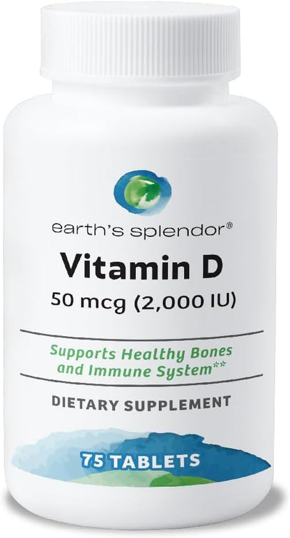 Earth's Splendor Vitamin D 2,000 IU – Immune Support and Bone Health – 75 Tablets