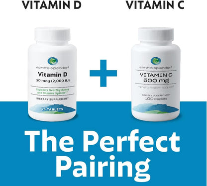 Earth's Splendor Vitamin D 2,000 IU – Immune Support and Bone Health – 75 Tablets