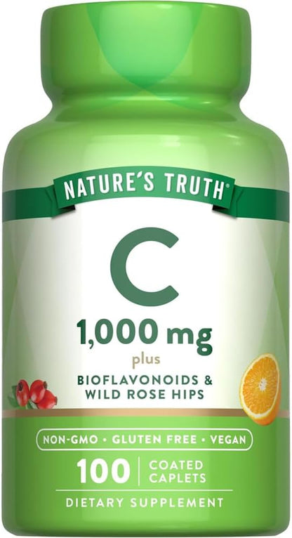 Nature's Truth Vitamin C 1000 mg with Bioflavonoids & Wild Rose Hips Coated Caplets - 100 Caplets (Pack of 3)