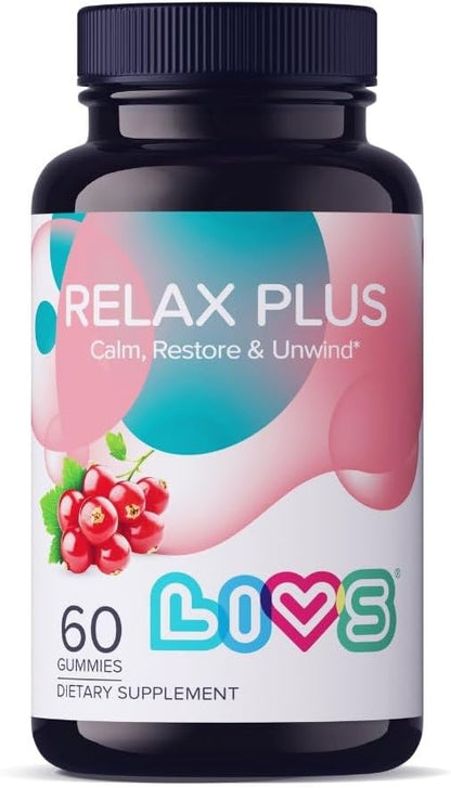 LIVS Relax Plus Gummies – Stress Relief & Calm Support with Ashwagandha, GABA, Lemon Balm & Vitamin B6 | Natural Red Berry Flavour | Vegan | 60 Count