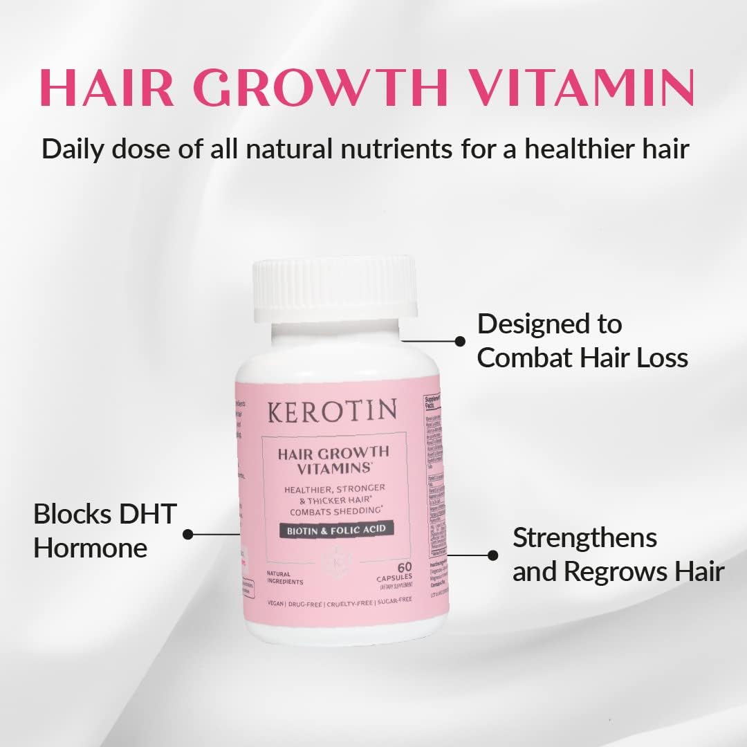 Kerotin Hair Growth Vitamins - Biotin Supplement, DHT Blocker, Collagen Stimulator for Hair Loss Support (60 Capsules) - görsel 2