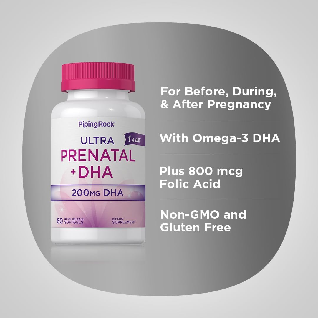 Piping Rock Prenatal Vitamins for Women with DHA | 60 Softgels | Multivitamin with Iron, Folic Acid, Omega 3 | Ultra Complex Supplement | GM-free, Gluten-free - görsel 4