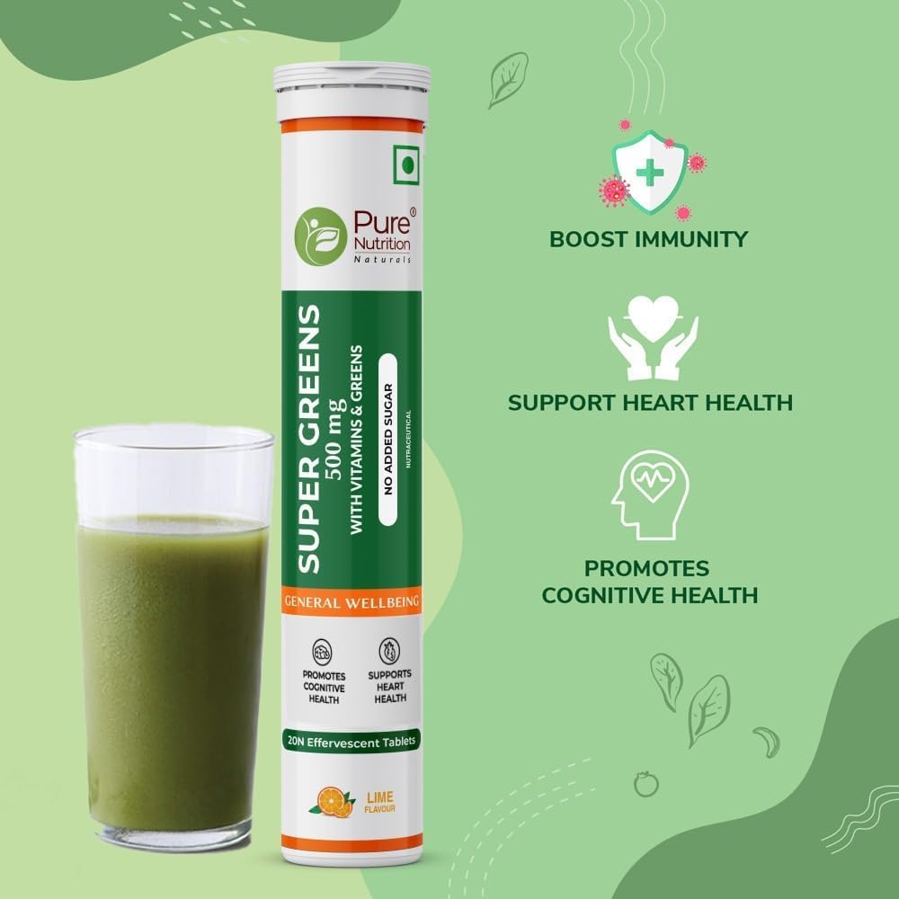 Pure Nutrition Super Greens Effervescent Tablets | 40 Count (20x2) | with Moringa, Spirulina, Arjuna Leaf & B Vitamins - görsel 3