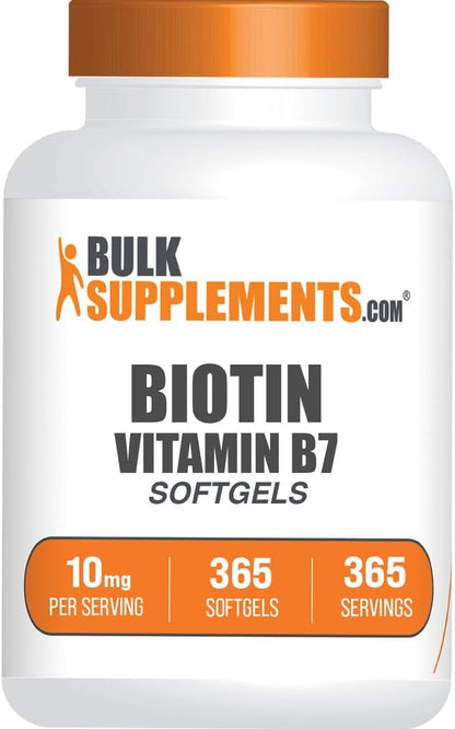 BulkSupplements Biotin 10000mcg Softgels - Vitamin B7 Supplement for Hair, Skin and Nails - Gluten-free, 365 Softgels