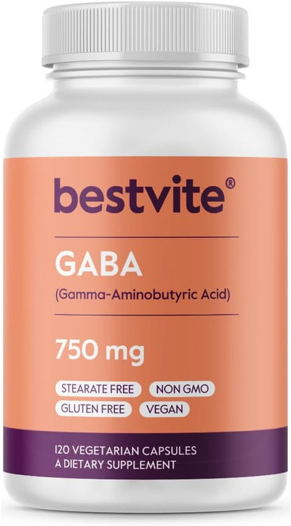 BESTVITE GABA 750mg, 120 Vegetarian Capsules - No Stearates, No Fillers, Vegan, Gluten-free