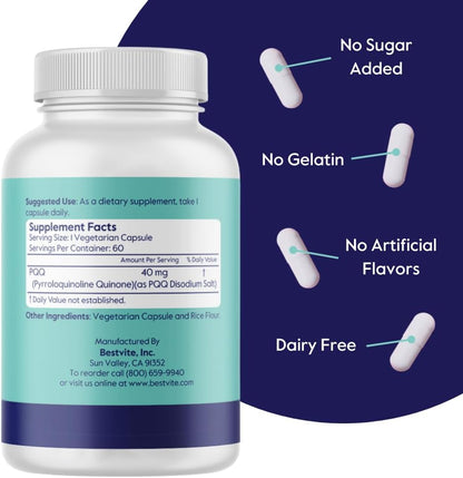 BESTVITE PQQ 40mg (Pyrroloquinoline Quinone) – 120 Vegetarian Capsules – Mitochondrial Support