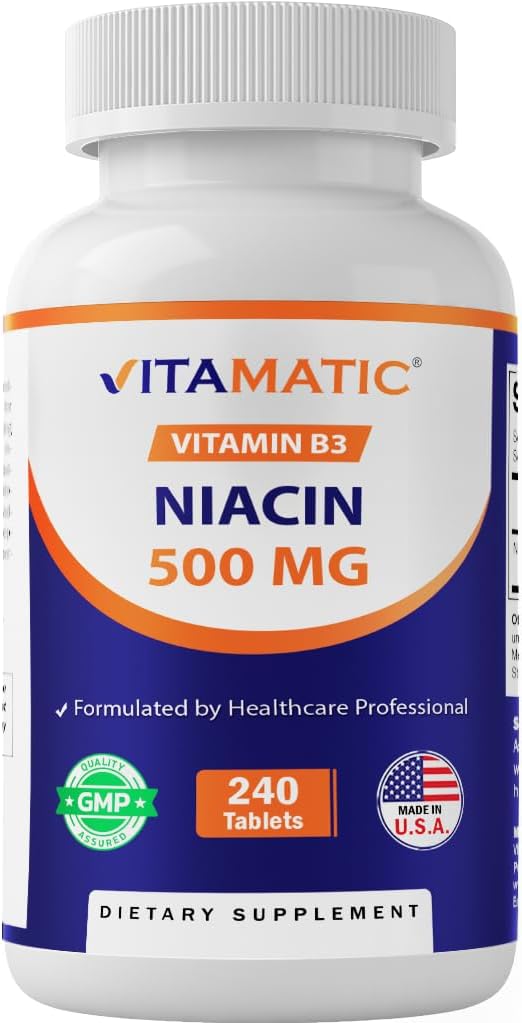 Vitamatic Niacin (Vitamin B3) 500mg, 240 Tablets - Sustained Release, Non-GMO & Gluten-free - görsel 1