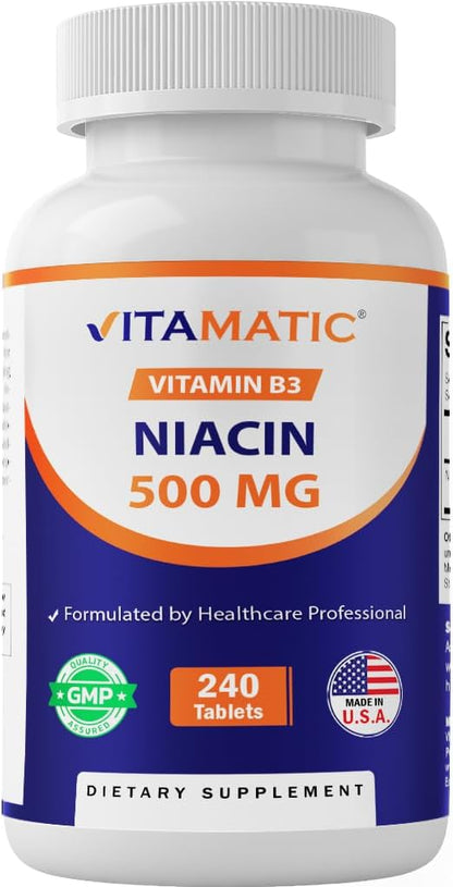 Vitamatic Niacin (Vitamin B3) 500mg, 240 Tablets - Sustained Release, Non-GMO & Gluten-free