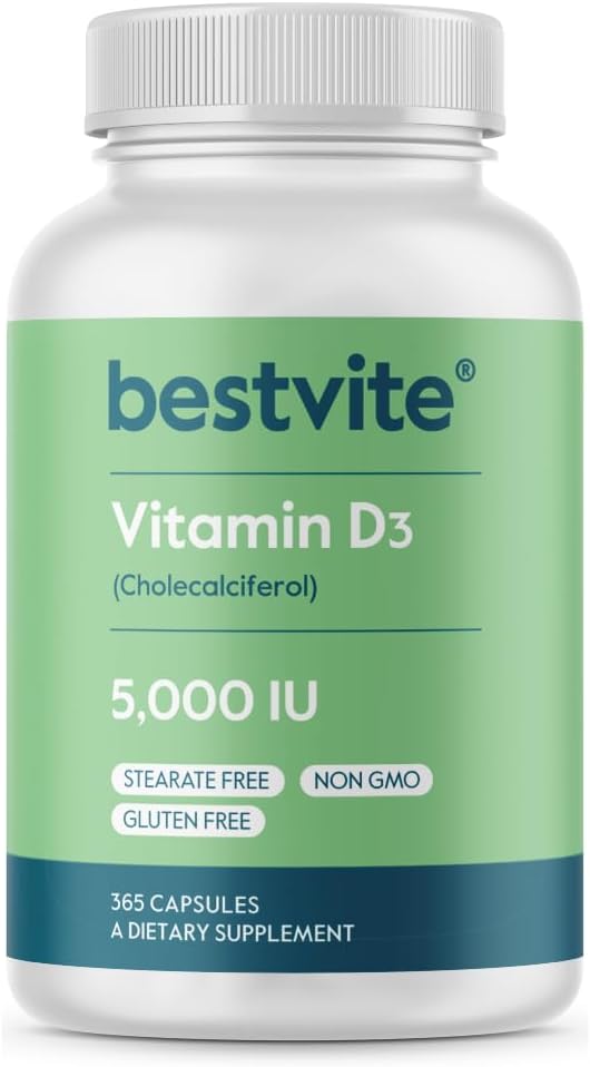 BESTVITE Vitamin D3 5000 IU, 365 Capsules - Non-GM, Gluten-free, No Stearates - görsel 1