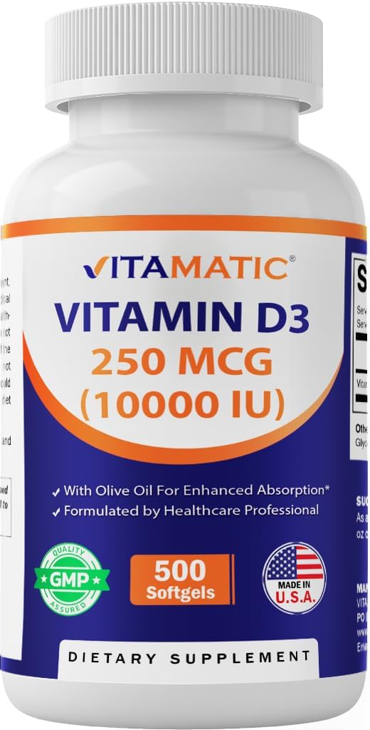 Vitamatic Vitamin D3 10,000 IU (250 mcg) - 500 Soft gel capsules, Cold-Pressed Olive Oil Base, Non-GMO, Gluten-free - görsel 1