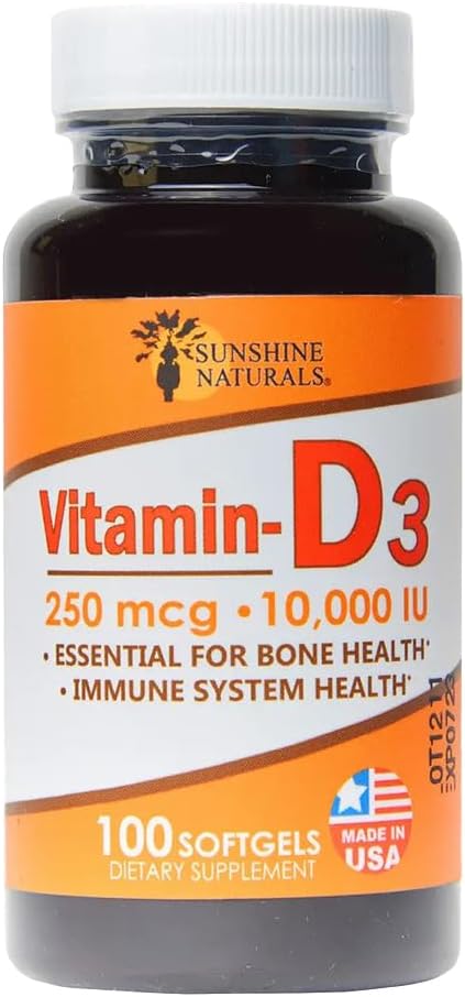 Sunshine Naturals Vitamin D3 10000 IU Food Supplement - 100 Softgels for Immune Support, Bone Health & Calcium Absorption - görsel 1