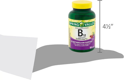 Spring Valley Vitamin B12 2500 mcg Quick-Dissolve Tablets - 120 Tablets (Vegan, Cherry Flavour)