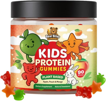Bear Bites Gummies - Plant-Based Kids Protein Gummies – Vegan, Sugar Free, Gluten-free, Vitamin C – Immune Support, Protein Snacks – Tasty Apple, Peach, Mango Flavours – 90 Count – No Artificial Flavours