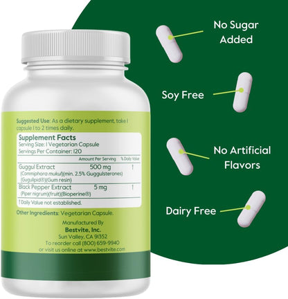 BESTVITE Guggul Extract 500mg (120 Vegetarian Capsules)