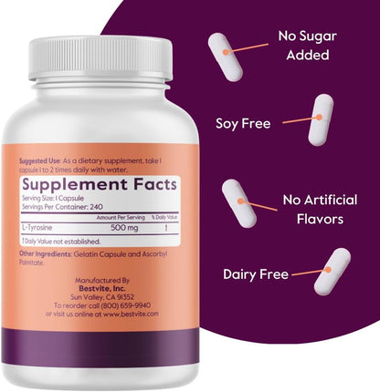 BESTVITE L-Tyrosine 500mg (240 Capsules) – No Stearates – Non-GMO – Gluten-free