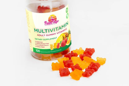 Flamingo Supplements Multivitamin Gummies | Vegan Friendly, Kosher Halal, No Gelatine, Non-GMO | for Men, Women & Kids | 3 Natural Flavours | Vitamins C, B3, B12, Biotin, Zinc & More | 100 Gummies