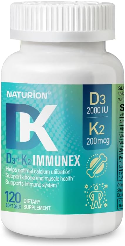NATURION D3+K2 IMMUNEX – Vitamin D3 2000 IU, K1 25 mcg, K2 200 mcg, Zinc 6.25 mg, DK Blend – 120 Soft gel capsules - görsel 1