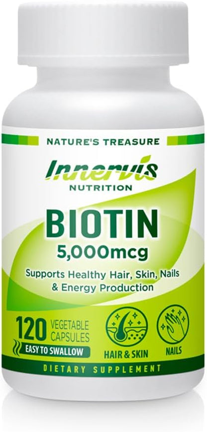 INNERVISNUTRITION High Potency Biotin 5000mcg – For the Maintenance of Normal Hair, Skin and Nails, 120 Vegan Capsules