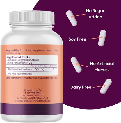BESTVITE L-Phenylalanine 500mg (120 Vegetarian Capsules) - No Stearates - Vegan - Gluten-free - Non GMO