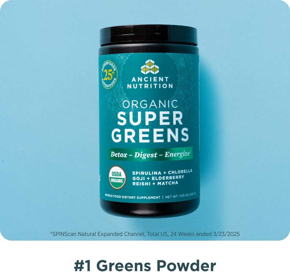 Ancient Nutrition Organic Super Greens Powder - Spirulina, Chlorella, Probiotics, 25 Servings - görsel 4