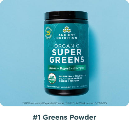 Ancient Nutrition Organic Super Greens Powder - Spirulina, Chlorella, Probiotics, 25 Servings