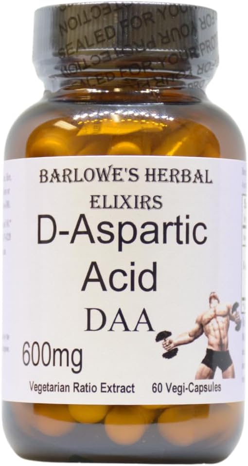 Barlowe's Herbal Elixirs D-Aspartic Acid Supplement | DAA | 600 mg Per Capsule | 60 Veggie Capsules | Athletic Performance | Stearate Free | Glass Bottle - görsel 1
