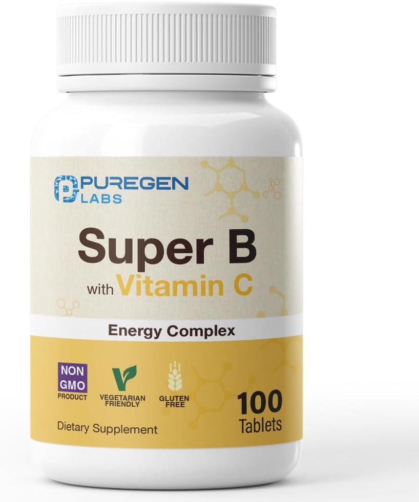 Puregen Labs Super B Energy Complex with Vitamin C - Immune Health, Energy & Nervous System Support - Non-GMO, Gluten-Free 100 Vegetarian Tablets - görsel 1