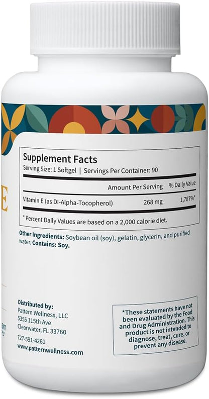 Pattern Wellness Vitamin E 400 IU – Antioxidant, Immune & Cellular Health Support – 90 Softgels