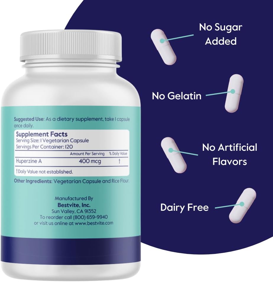 BESTVITE Huperzine A 400mcg (120 Vegetarian Capsules) – No Stearates – Vegan – Non-GMO – Gluten-free - görsel 2