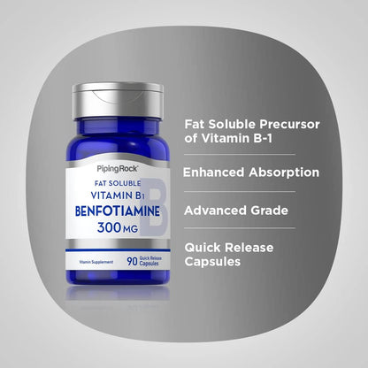 Piping Rock Benfotiamine 300 mg | 90 Capsules | Fat-Soluble Vitamin B1
