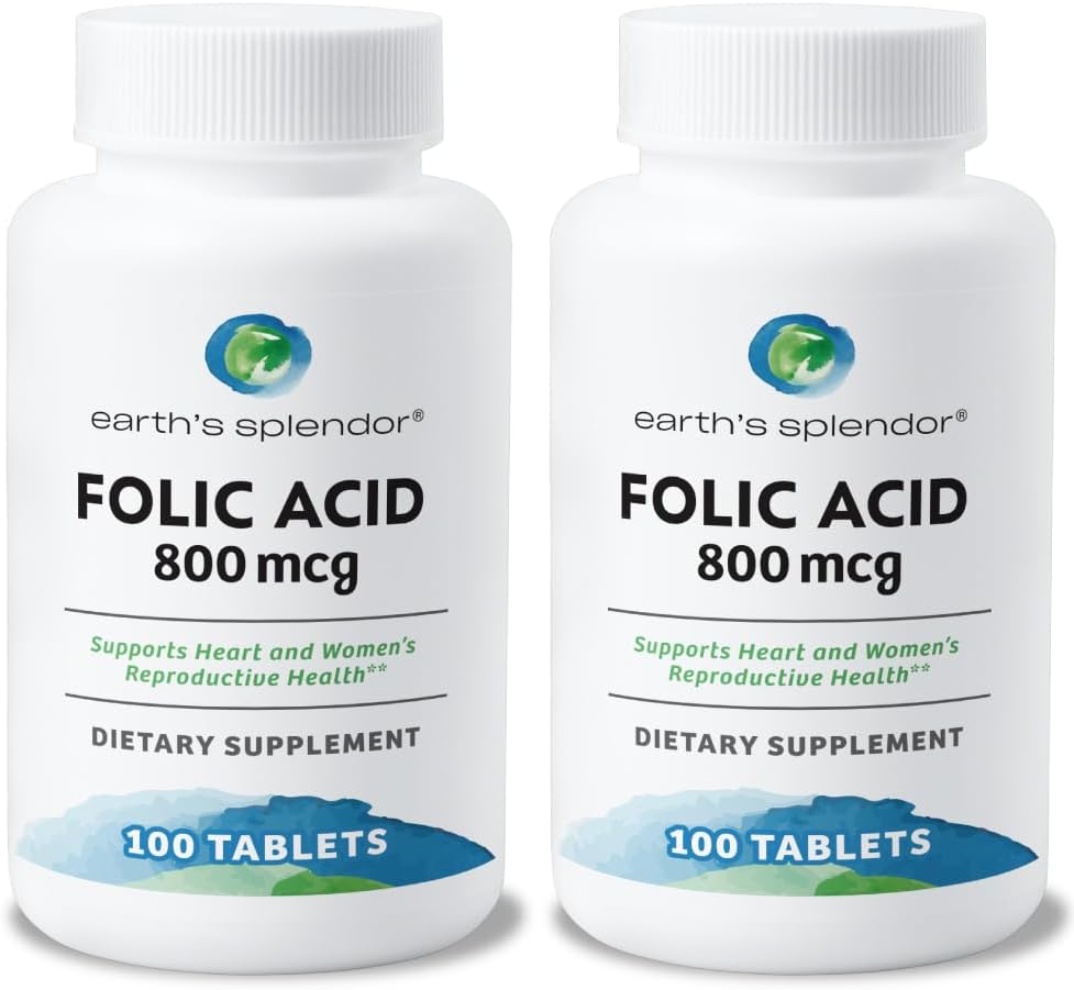 Earth's Splendor Folic Acid 800 mcg – Support for Heart and Reproductive Health, 200 Tablets (Pack of 2) - görsel 1
