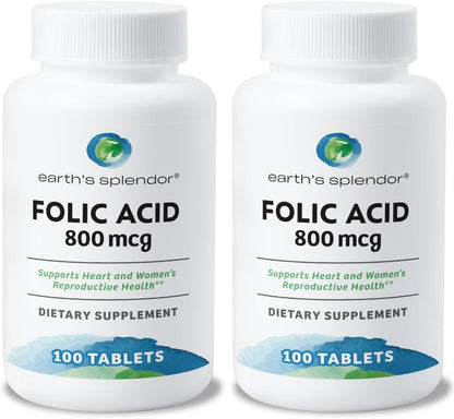 Earth's Splendor Folic Acid 800 mcg – Support for Heart and Reproductive Health, 200 Tablets (Pack of 2)