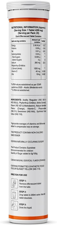 Pure Nutrition Vitamin C & Zinc Effervescent Tablets - 1000mg Amla Extract, Orange Flavour, 40 Tablets - görsel 7
