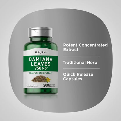 Piping Rock Damiana Leaf Capsules | 200 Capsules | Traditional Herbal Supplement | Non-GMO, Gluten-free