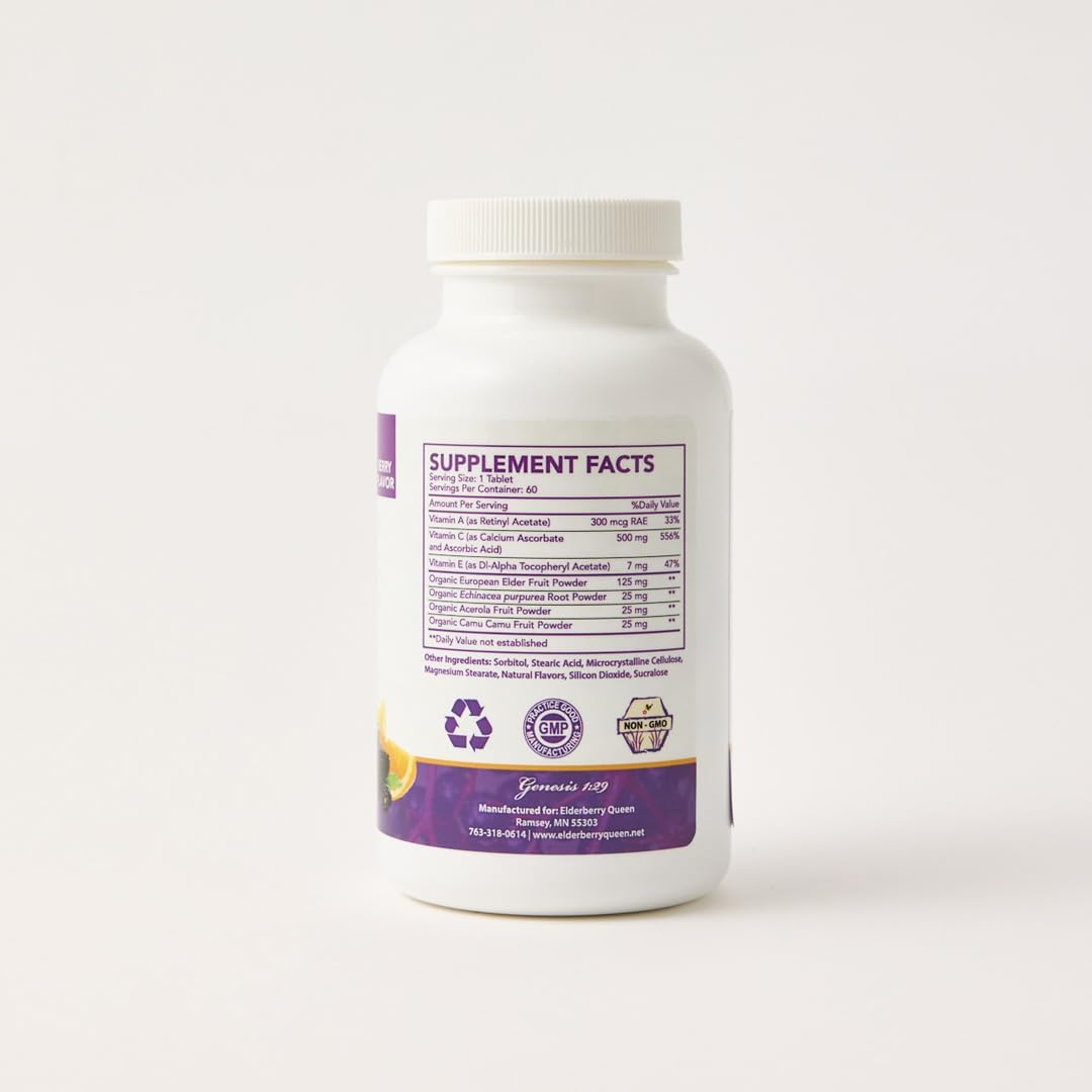 Elderberry Queen Chewable Vitamin C 500mg – Immune Boost & Antioxidant Support Tablets with Vitamin A, E & Organic Echinacea, Elder Fruit, Acerola – Natural Dietary Supplement, 60 Count - görsel 3