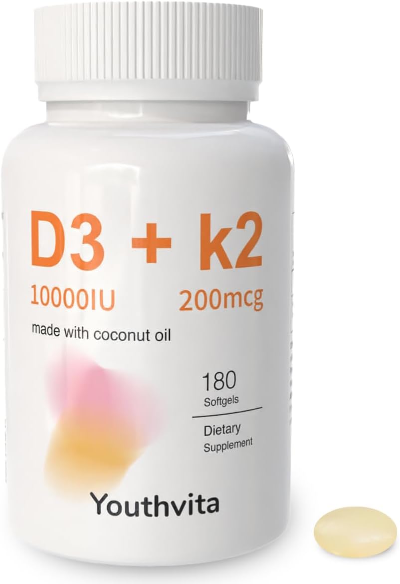 YOUTHVITA Vitamin D3 & K2 Food Supplement Soft gel capsules with Coconut Oil, 10000 IU D3 & 200 mcg K2, 90 Soft gel capsules - görsel 5