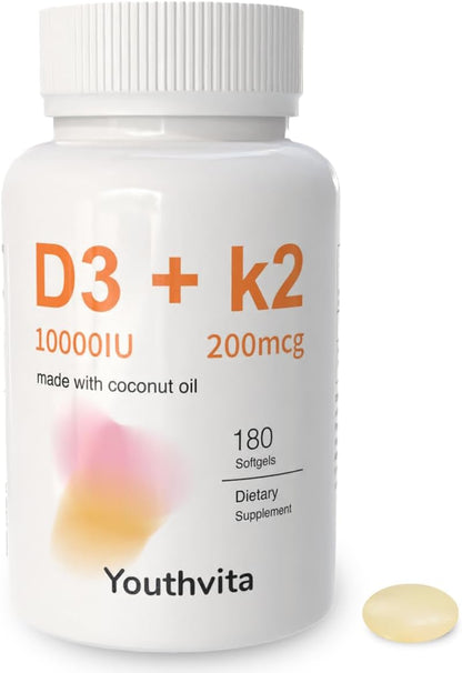 YOUTHVITA Vitamin D3 & K2 Food Supplement Soft gel capsules with Coconut Oil, 10000 IU D3 & 200 mcg K2, 90 Soft gel capsules