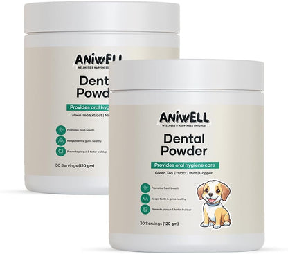 Aniwell Dog Dental Powder - Herbal Extract Formulation for Fresh Breath, Plaque & Tartar Support | No Brushing Required | Daily Dog Breath Freshener for All Breeds