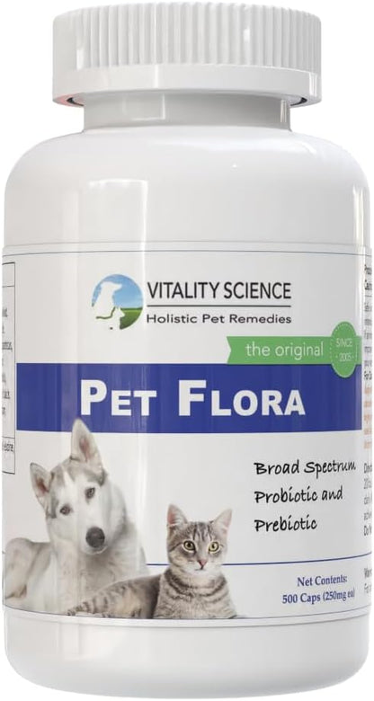 Vitality Science Pet Flora – Natural Probiotics for Cats and Dogs, Digestive Support Supplement, 250 Capsules