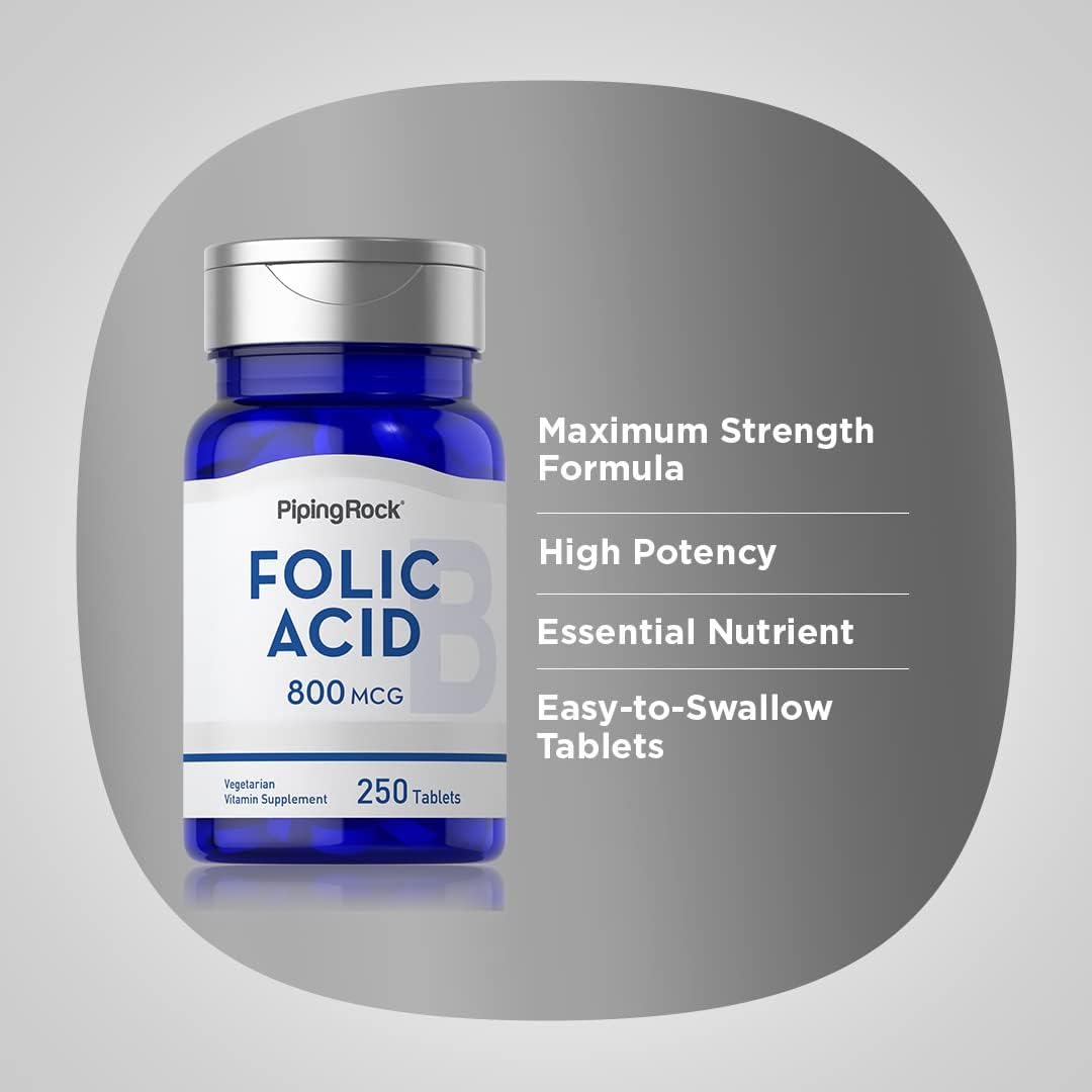 Piping Rock Folic Acid Supplement for Women and Men, 800 mcg, 250 Tablets, Maximum Strength Folate, Vegetarian, Non-GM, Gluten-free - görsel 4